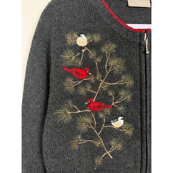 Croft & Borrow Bird Embroidered Sweater Jacket Gray XL Petite Cardinal - Picture 3 of 9